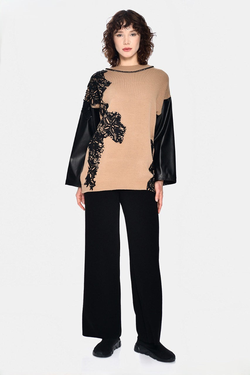 Camel Knitwear With Black Leather Sleeves
