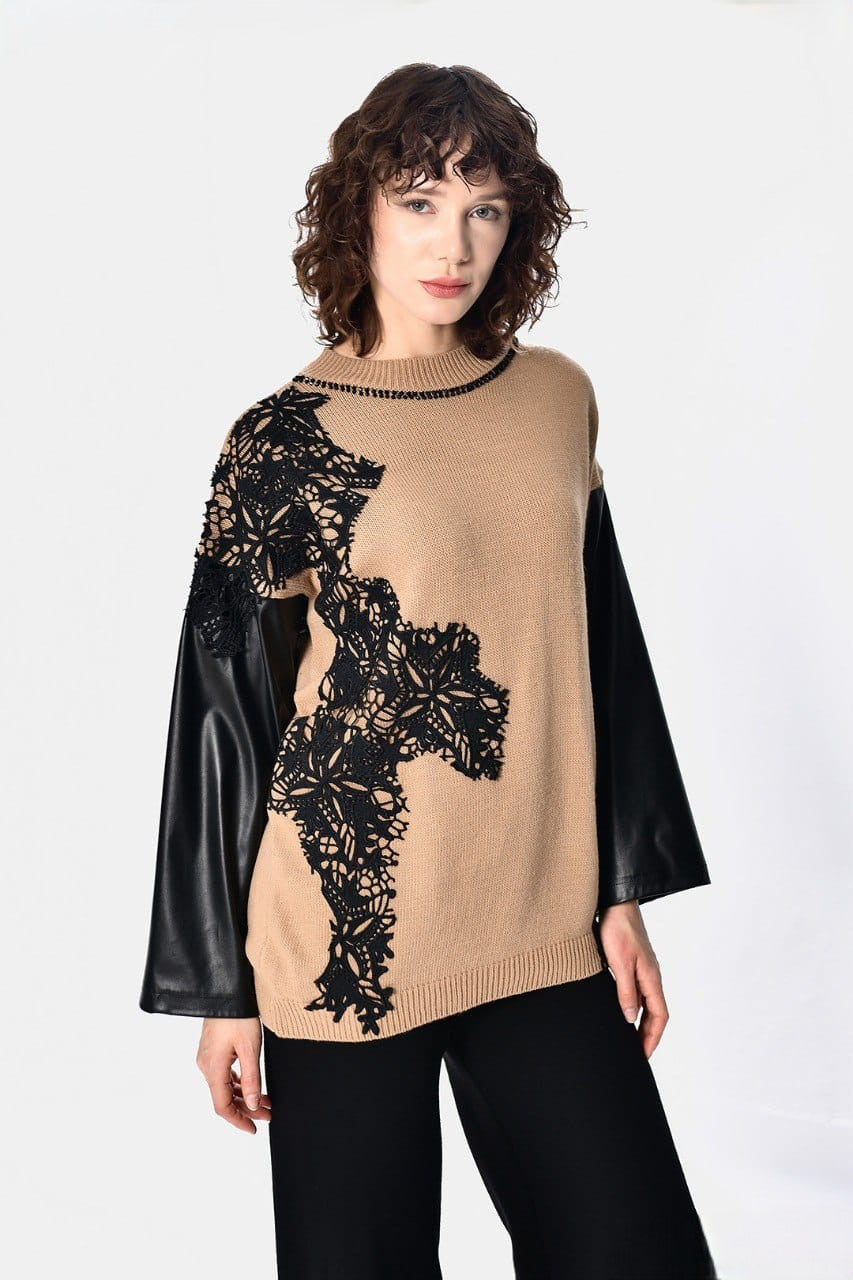 Camel Knitwear With Black Leather Sleeves