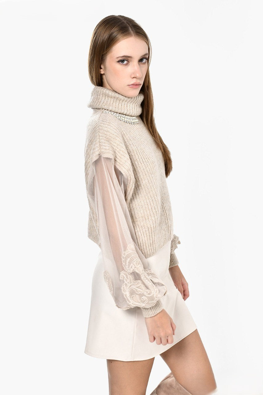 Beige Knitwear Flower Sleeves