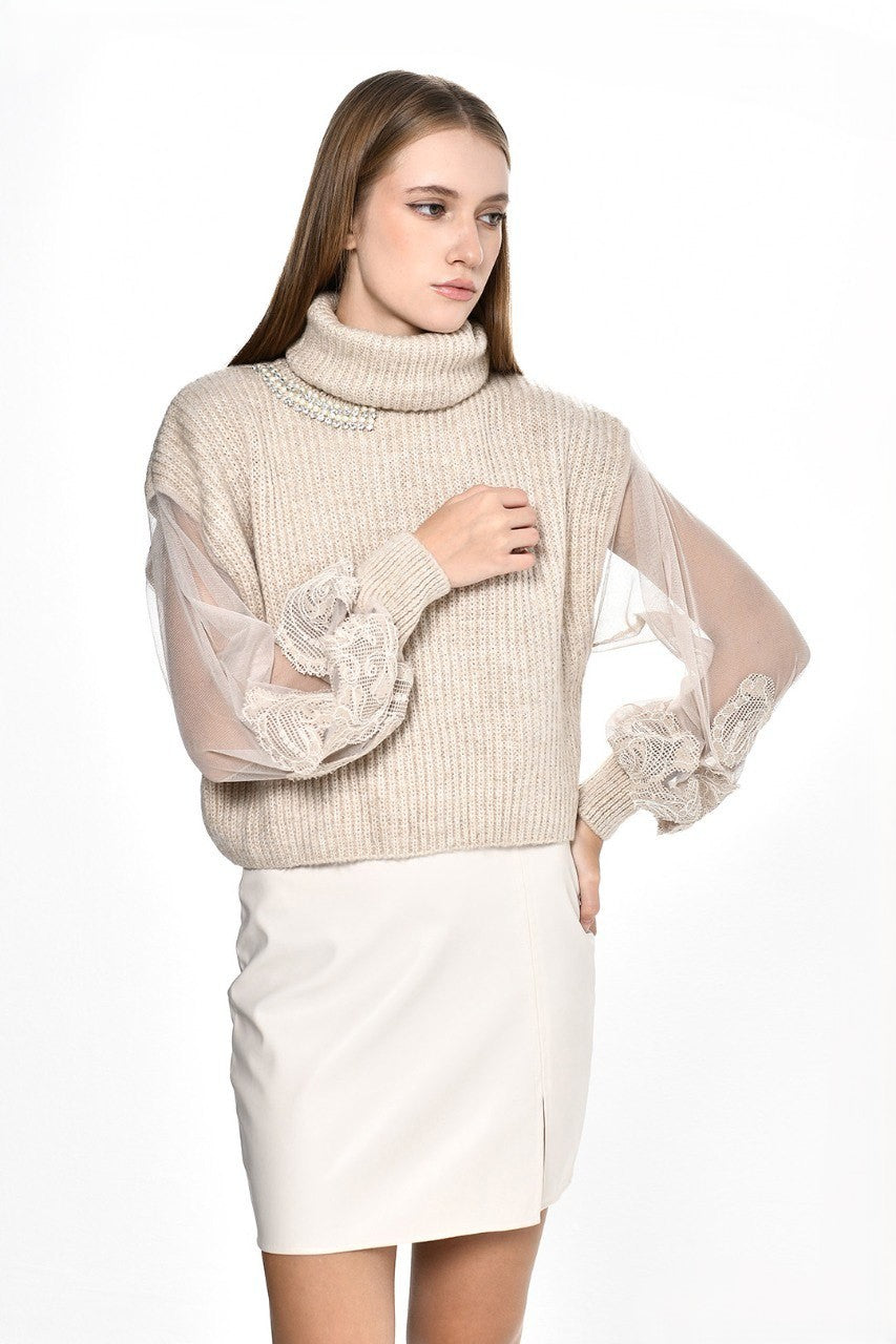 Beige Knitwear Flower Sleeves