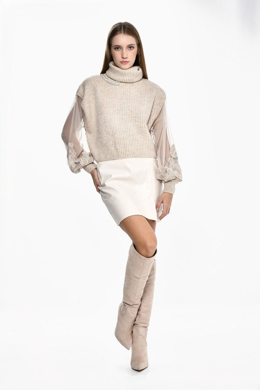 Beige Knitwear Flower Sleeves