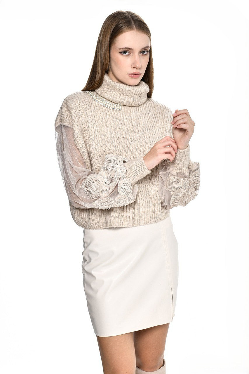 Beige Knitwear Flower Sleeves