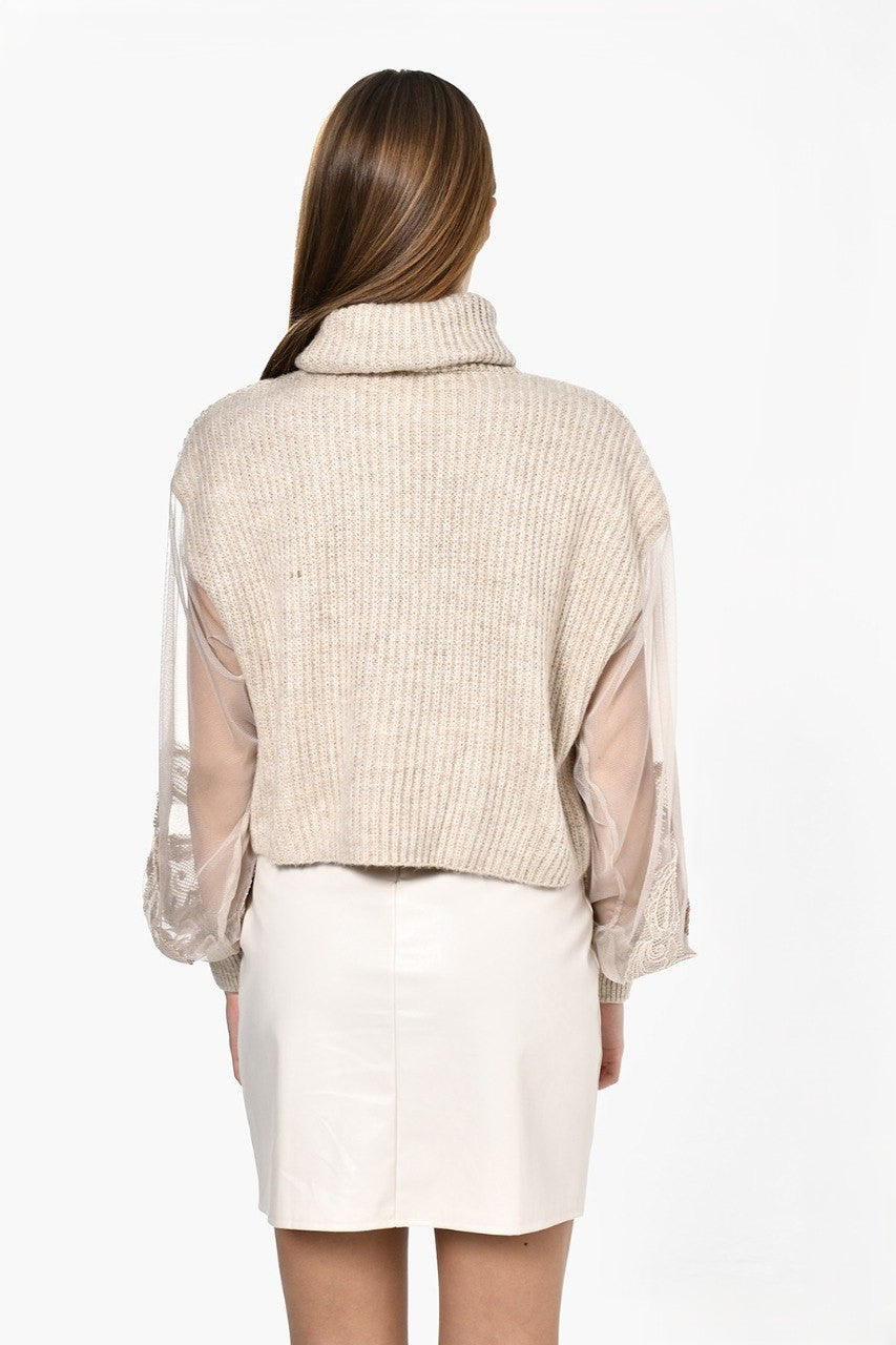 Beige Knitwear Flower Sleeves