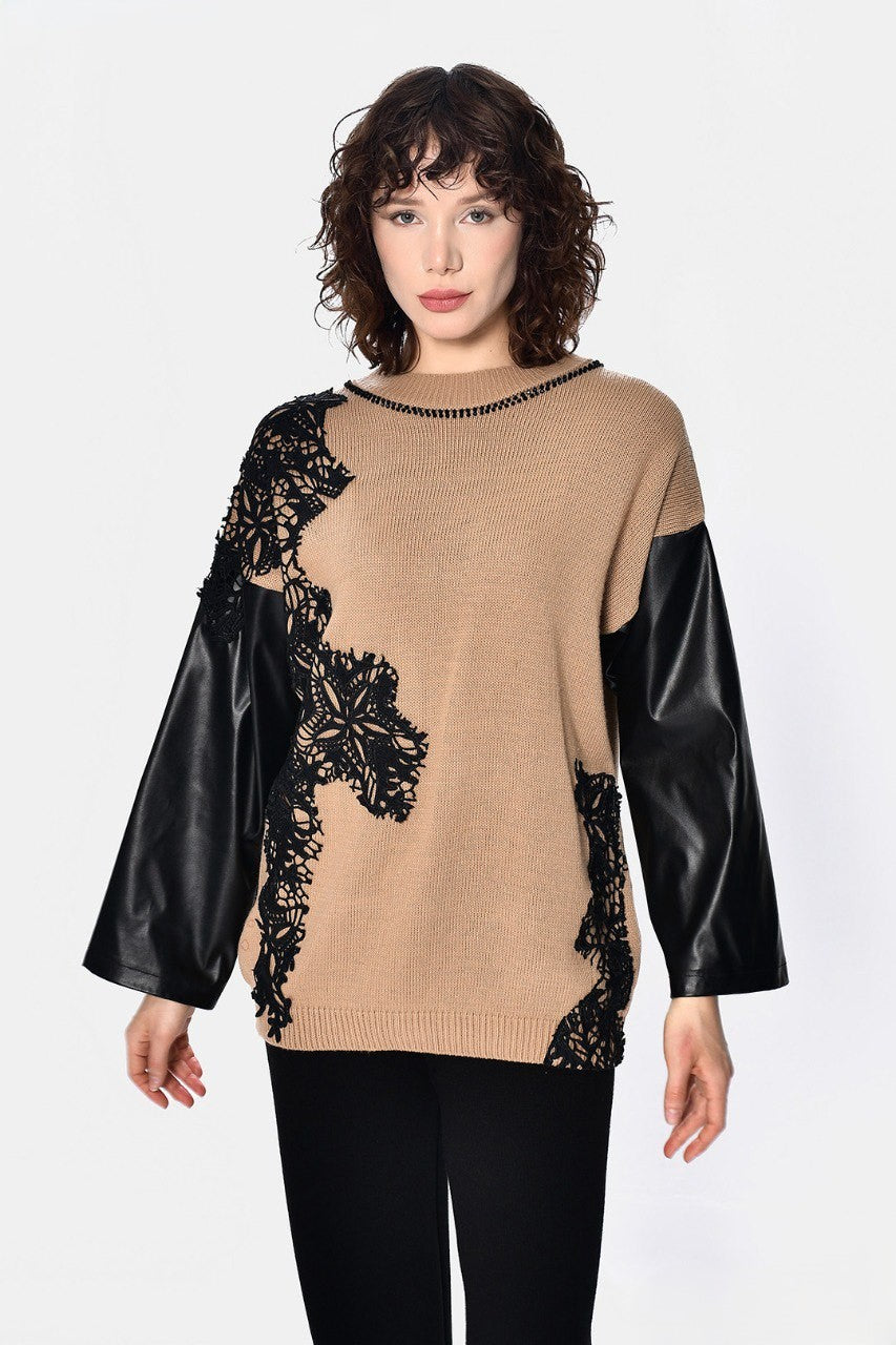 Camel Knitwear With Black Leather Sleeves