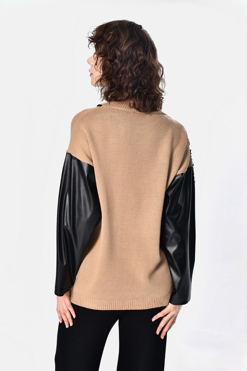 Camel Knitwear With Black Leather Sleeves