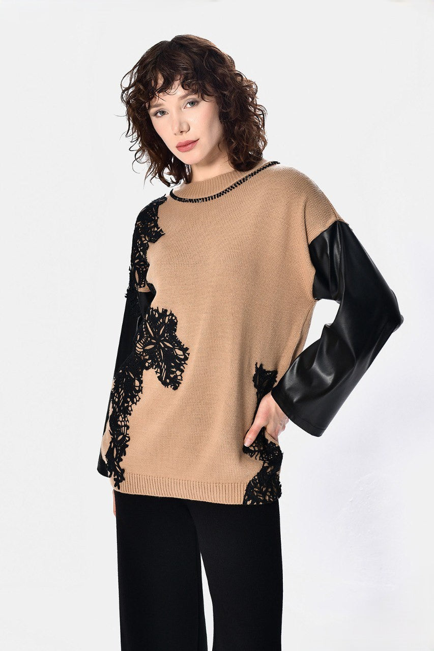Camel Knitwear With Black Leather Sleeves